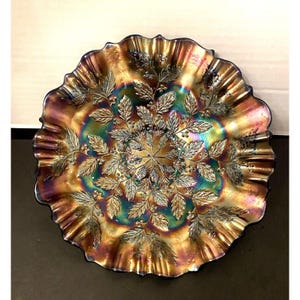 Fenton Holly & Berry Electric Cobalt Blue Carnival Glass Ruffled 3/1 Bowl