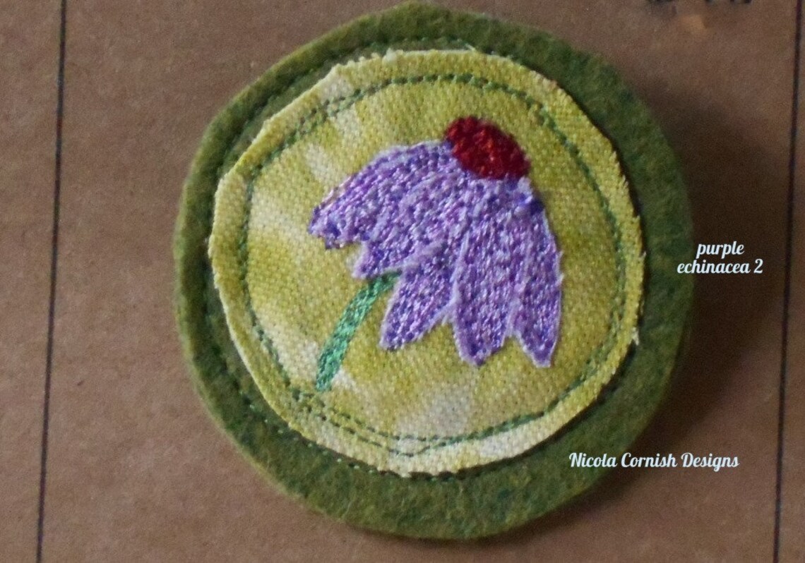 Flower Brooch Free Machine Applique on to Cotton Fabric and Wool Mix