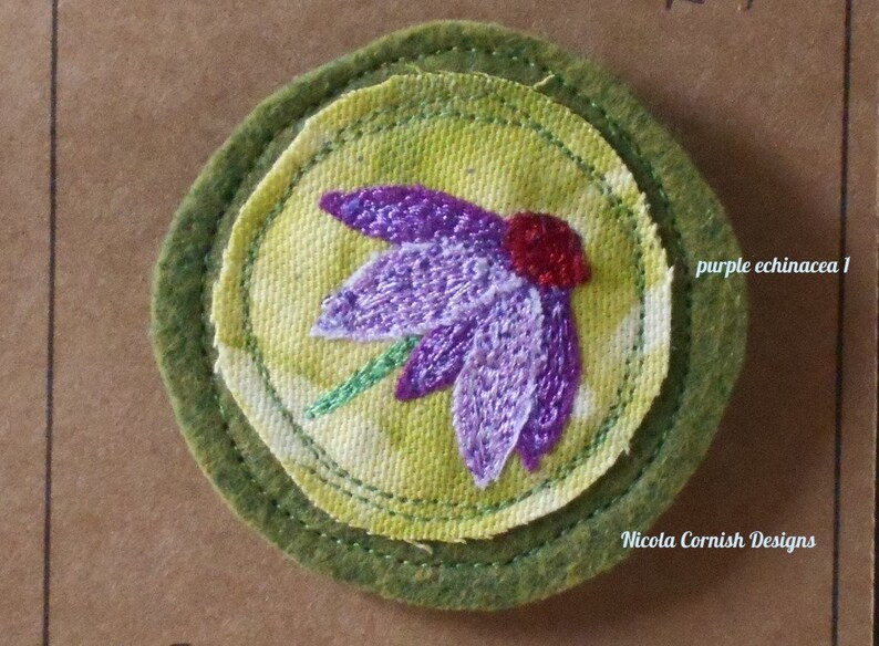 Flower Brooch Free Machine Applique on to Cotton Fabric and Wool Mix
