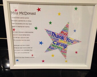 Thank You Poem, Gift For Preschool Teacher, Teachers Leaving Gift, Word Cloud Frames, Gift For Teaching Assistants