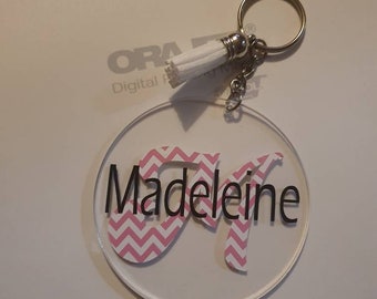 Inital Keyring, Circular Personalised Tassel Keyring, Acrylic Keyring, Valentines Day Gift For Her, Pink Chevron Vinyl Decal Keychain