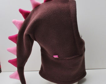 Wintermütze Kind , braune Drachenmütze mit rosa Zähnen , aus Fleece, Wintermütze für coole Kids