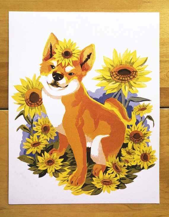 Shiba Inu And Sunflowers Print 11x14