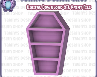 May include: A purple coffin-shaped shelf with four shelves. The shelf is 22 inches tall.  The text "22CM TALL COFFIN SHELF" is printed below the shelf.