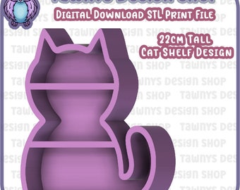 May include: A 3D printed cat-shaped shelf design, 22 inches tall, with two shelves. The shelf is a light purple color and is designed to be mounted on a wall.