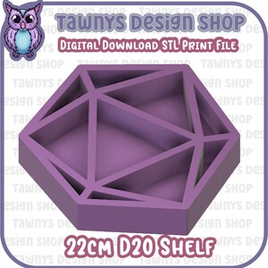 May include: A purple 22cm D20 shelf with a geometric design. The shelf is shaped like a twenty-sided die and has compartments for storing small items.