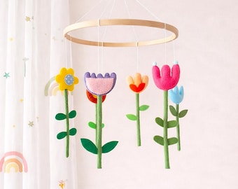 Colorful Floral Baby Mobile, Whimsical Nursery Decor, Cottagecore Crib Mobile - Folk Art Nursery