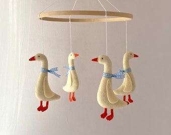 Duck Nursery - Baby Mobile Goose Blue Ribbon - Baby Mobile Boys -  Crib Mobile - Goose Baby Shower - Felt Goose