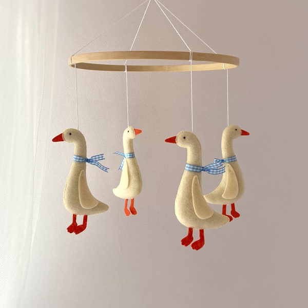 Duck Nursery - Baby Mobile Goose Blue Ribbon - Baby Mobile Boys -  Crib Mobile - Goose Baby Shower - Felt Goose