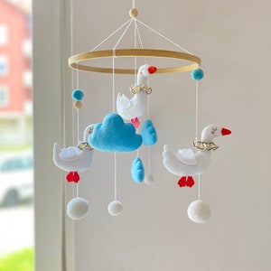 White Goose Mobile Nursery Mobile Goose in the Blue Skay Clouds Crib Mobile Summer Baby Gift Birds Nursery Decor Felt Goose image 1