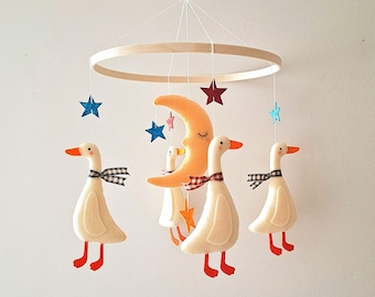 Felt Goose Mobile Nursery Decor – Vintage Storybook Style, Moon Stars Baby Shower Gift