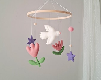 Crib Mobile Bird & Floral – Pastel Floral Nursery Decor Baby Girl – Baptism Gift, White Dove, Dusty Rose Buds, Lavender Stars