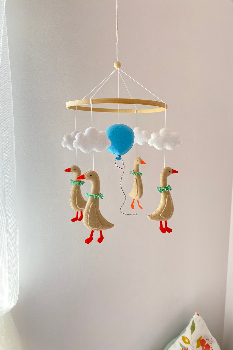 Duck Nursery Mobile Goose Baby Mobile Air Balloon with Clouds Mobile Crib Mobile Goose Baby Shower Duck Baby Shower Felt Goose image 7