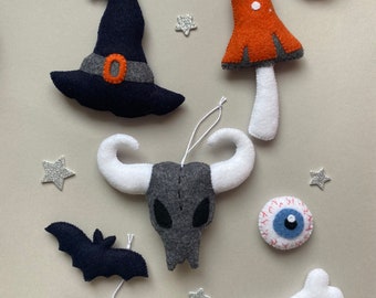 Handmade Felt Halloween Ornaments – Bat, Skull, Witch Hat