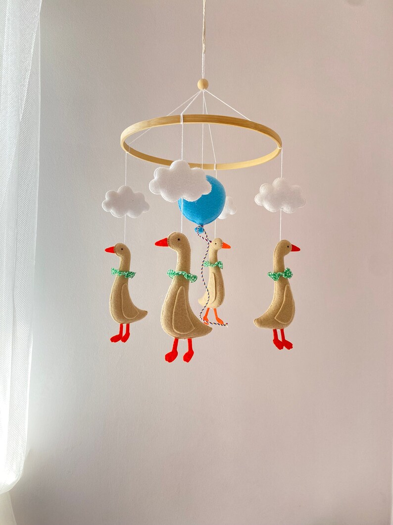 Duck Nursery Mobile Goose Baby Mobile Air Balloon with Clouds Mobile Crib Mobile Goose Baby Shower Duck Baby Shower Felt Goose image 5