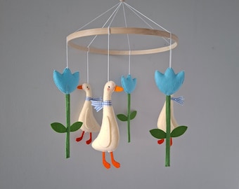 Duck Nursery - Baby Mobile Goose Blue Flowers - Garden Nursery Decor - Crib Mobile Handmade - Geese Baby Shower Boys/Girls - Felt Goose