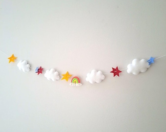 Rainbow Cloud Garland for Nursery - Neutral Handmade Felt Wall Garland