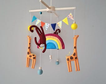 Jungle Animals Baby Mobile, Colorful Safari Nursery Decor, Playful Crib Mobile with Giraffes, Vintage Mobile Style Monkeys and Rainbow