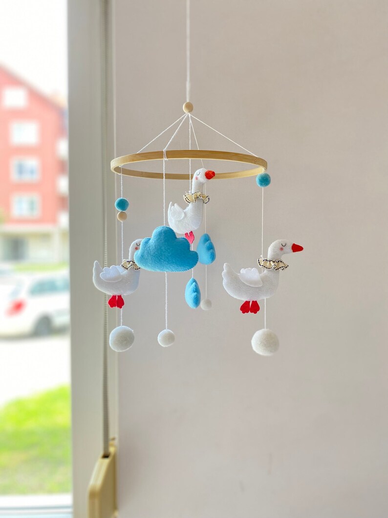 White Goose Mobile Nursery Mobile Goose in the Blue Skay Clouds Crib Mobile Summer Baby Gift Birds Nursery Decor Felt Goose image 1