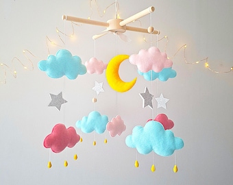 Celestical Pastel Baby Mobile with Moon & Clouds, Hanging Crib Mobile, Colorful Clouds Decor for Nursery - Rainy Mobile