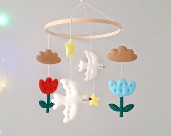Birds & Flowers Crib Mobile – Floral Baby Mobile, Folk Art Nursery Decor, Whimsical Baby Shower Gift, Gender Neutral Mobile