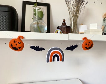 Felt Halloween Garland – Pumpkin, Bat & Rainbow Decor