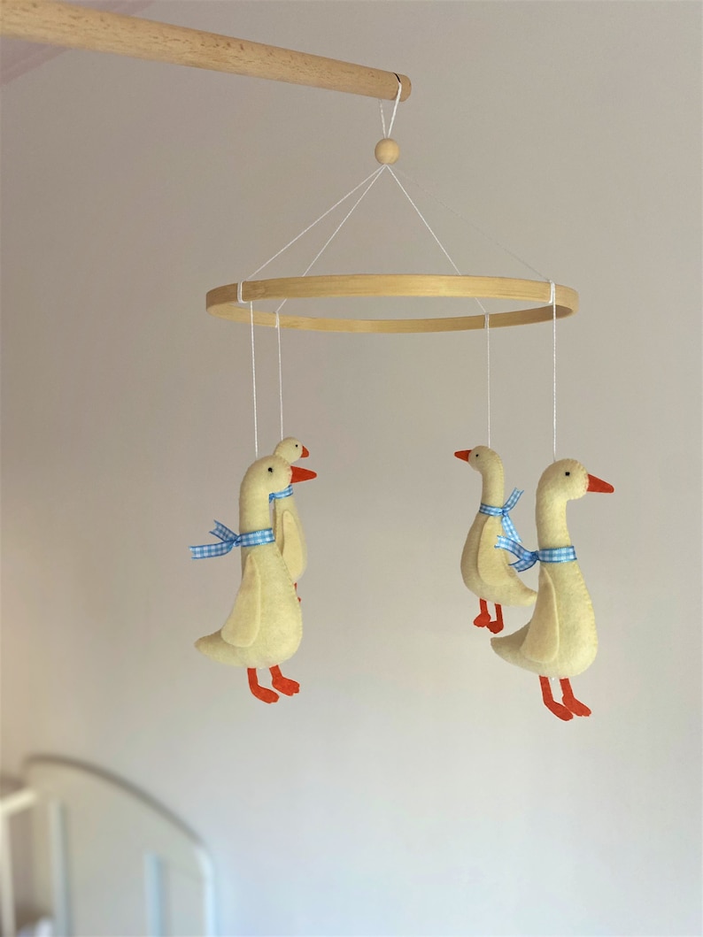 Duck Nursery Baby Mobile Goose Blue Ribbon Baby Mobile Boys Crib Mobile Goose Baby Shower Felt Goose light yellow