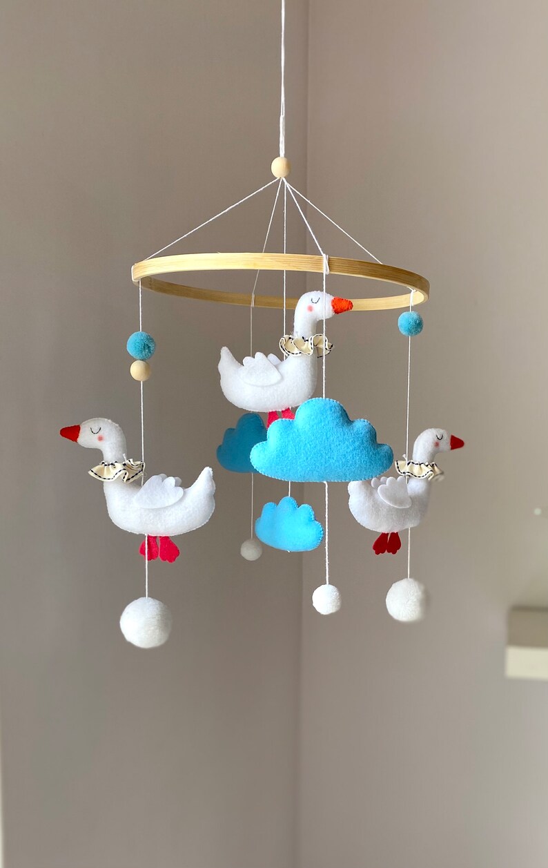 White Goose Mobile Nursery Mobile Goose in the Blue Skay Clouds Crib Mobile Summer Baby Gift Birds Nursery Decor Felt Goose image 7