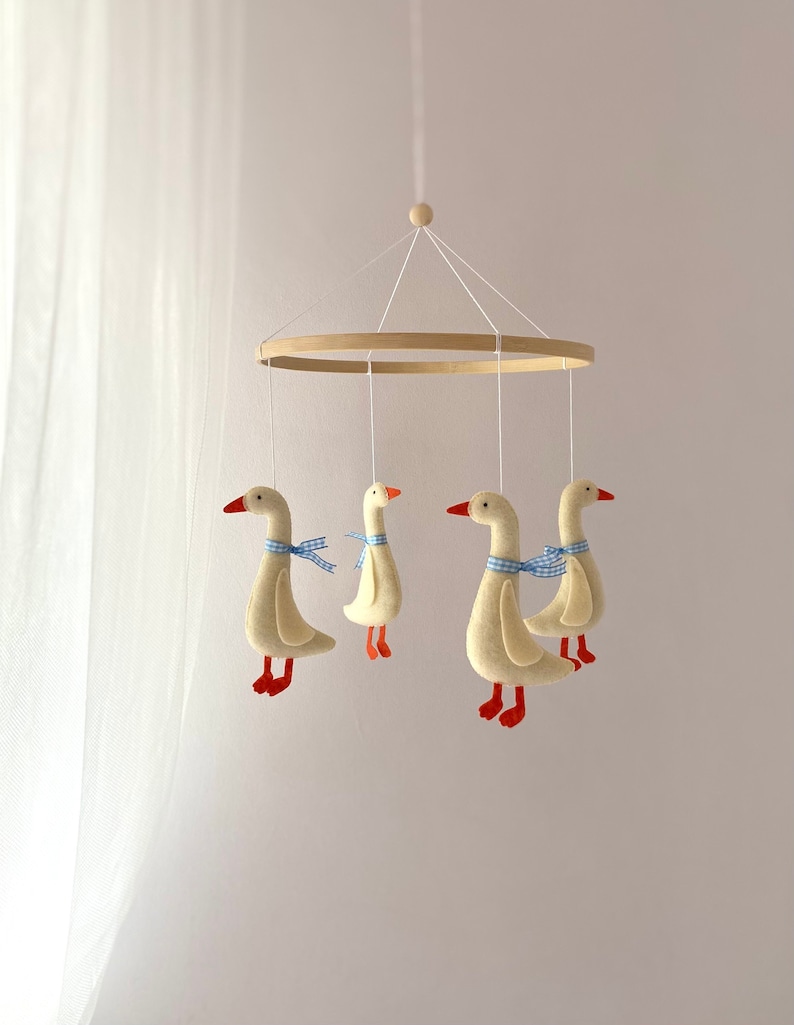 Duck Nursery Baby Mobile Goose Blue Ribbon Baby Mobile Boys Crib Mobile Goose Baby Shower Felt Goose image 1