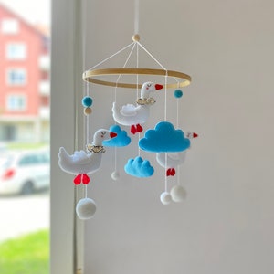 White Goose Mobile Nursery Mobile Goose in the Blue Skay Clouds Crib Mobile Summer Baby Gift Birds Nursery Decor Felt Goose image 2