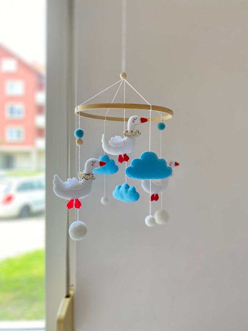 White Goose Mobile Nursery Mobile Goose in the Blue Skay Clouds Crib Mobile Summer Baby Gift Birds Nursery Decor Felt Goose image 2