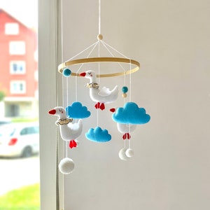 White Goose Mobile Nursery Mobile Goose in the Blue Skay Clouds Crib Mobile Summer Baby Gift Birds Nursery Decor Felt Goose image 3