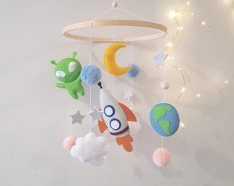 Space Nursery Mobile – Rocket, Moon, Stars, Alien Felt Decorations