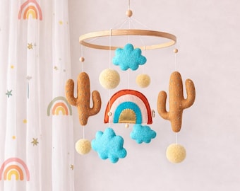 Cactus Rainbow Baby Mobile – Boho Desert Nursery Decor, Felt Crib Mobile, Baby Shower Gift
