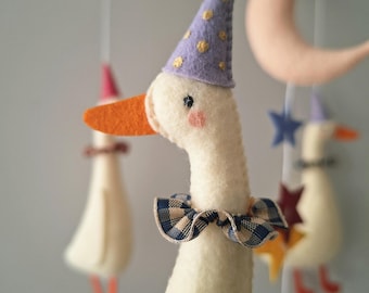 Felt Goose Baby Mobile –  Vintage Circus Nursery Decor, Moon, Stars - Baby Shower Boys/Girls Gift
