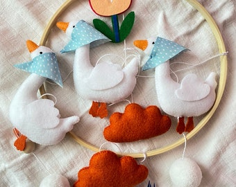 Coquette Doose Crib Mobile – Folk Art Nursery Decor – Farmhouse Nursery, Baby Shower Gift, Geese in Kerchiefs, Terracotta Clouds Tulips