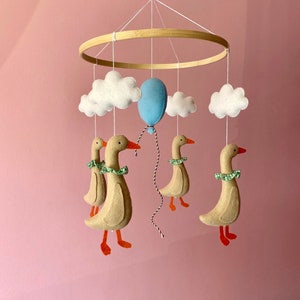 Duck Nursery Mobile Goose Baby Mobile Air Balloon with Clouds Mobile Crib Mobile Goose Baby Shower Duck Baby Shower Felt Goose image 3