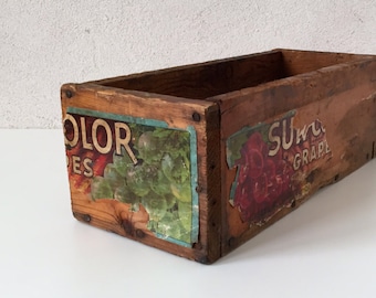 Vintage Wooden Box with Original Grapes Label, Borrego Farms Wood Bin