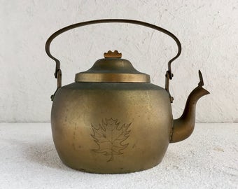 Maple Leaf Brass Tea Kettle, Vintage Farmhouse Kettle