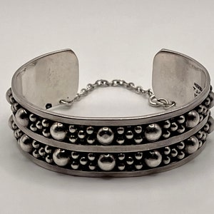 Vintage Sterling Taxco Ball Bracelet, Silver Cuff with Security Chain, 925 Mexico Silver
