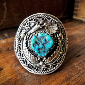 Rare, Signed Turquoise and Sterling Silver Cuff Bracelet, Southwest Navajo, HEAVY