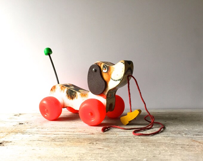 Vintage Dog Pull Toy, Fisher Price Wooden Dog Pull Toy, 1970s Child's