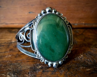 Vintage Sterling Silver Aventurine Cuff Bracelet, Green Gem Stone, Stamped