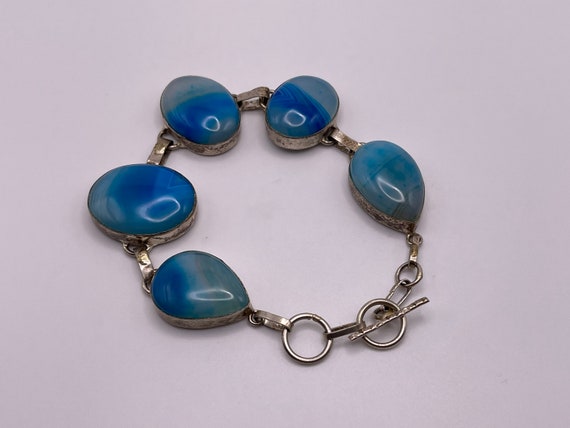 Mid Century Bracelet, Large Blue Oval Stone and S… - image 4