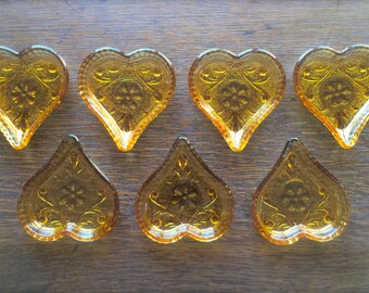 Amber Depression Glass Heart Candy Dishes, Set of 7