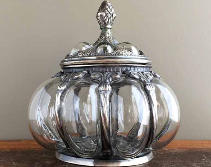 Vintage Glass Cookie Jar With Lid, Pewter and Bubbled Glass Decorative