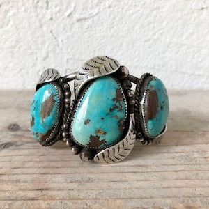 LARGE Natural Turquoise Cuff Bracelet, Southwest Navajo Silver,