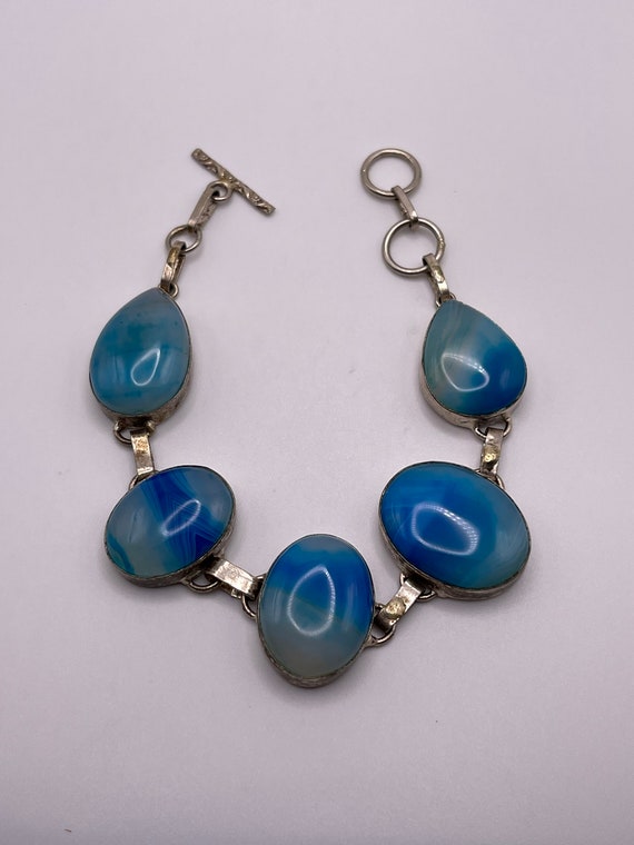 Mid Century Bracelet, Large Blue Oval Stone and S… - image 2