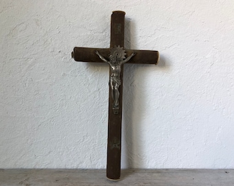 Antique Velvet Crucifix, 19th Century Wall Cross, Jesus Christ, Religious