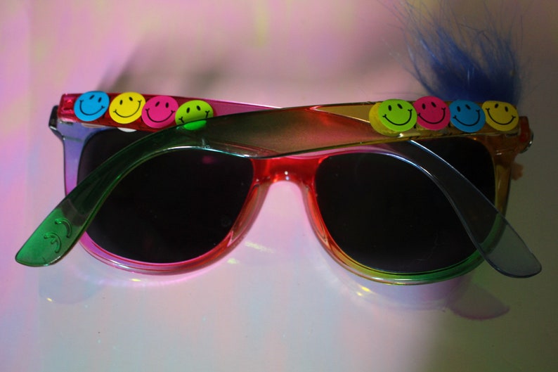 Troll sippin on juice upcycled handmade unique smiley face rainbow sunnies sunglasses